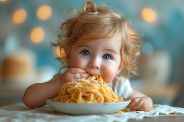 little baby eating pasta, spaghetti
