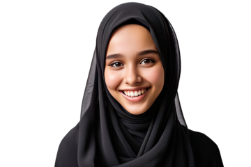 Portrait of young beautiful Muslim woman that wear hijab isolated on white transparent background, Arabian middle eastern religious concept.