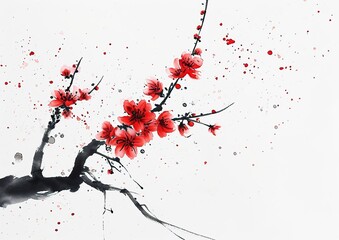 taiwanese traditional red cherry blossom art watercolor - obrazy, fototapety, plakaty