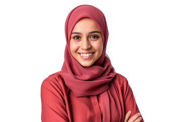 Portrait of young beautiful Muslim woman that wear hijab isolated on white transparent background, Arabian middle eastern religious concept.