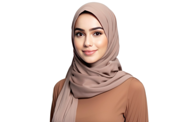 Portrait of young beautiful Muslim woman that wear hijab isolated on white transparent background, Arabian middle eastern religious concept.