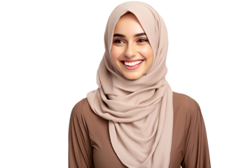 Portrait of young beautiful Muslim woman that wear hijab isolated on white transparent background, Arabian middle eastern religious concept.