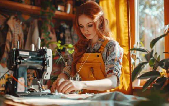 Young woman tailor using a sewing machine to sew fabric