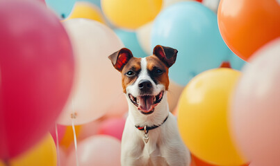 happy dog in the middle of colorful balloons