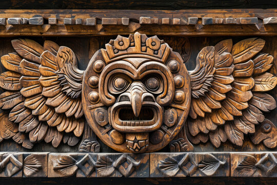 Eagle headdress carved in wood, Aztec inspired wall carving of ancient design, surface material texture