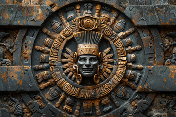 Fototapeta premium Black sun stone like dial, Aztec inspired wall carving of ancient design, surface material texture