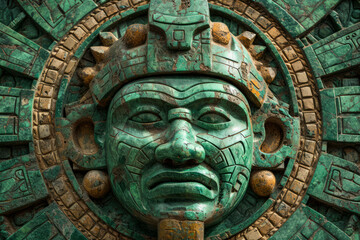Jader head, Aztec inspired wall carving of ancient design, surface material texture