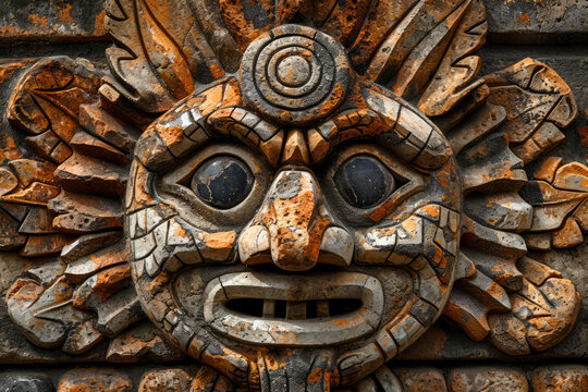Stone head, Aztec inspired wall carving of ancient design, surface material texture