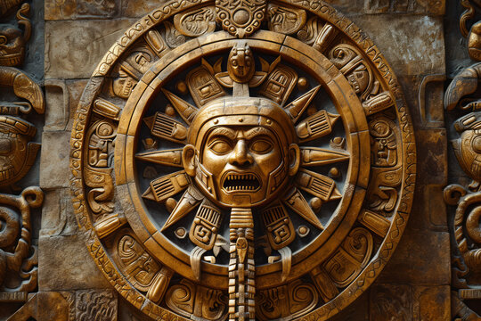 Golden sun stone like dial, Aztec inspired wall carving of ancient design, surface material texture