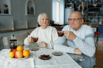 An elderly man and woman are sitting at a table drinking tea and talking