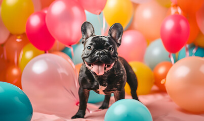 happy french bulldog in the middle of colorful balloons