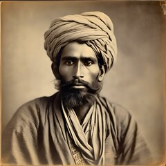 Vintage Portrait of Man in Traditional Turban and Attire