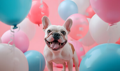 happy french bulldog in the middle of colorful balloons - obrazy, fototapety, plakaty