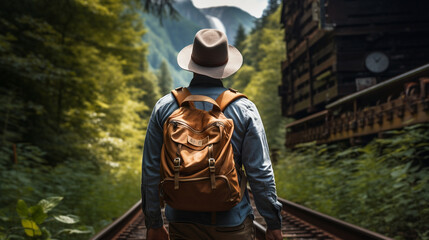 Back view of tourist man. Male backpacker hiking on tracks.Generative AI