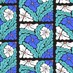 Abstract pattern with square shape illustration on black background. Flat hand drawn cut out flowers, leaves in bright colors. Unique retro print design for textile, wallpaper, interior, wrapping
