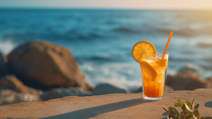 orange cocktail on the background of the sea, the ocean.Generative AI - obrazy, fototapety, plakaty