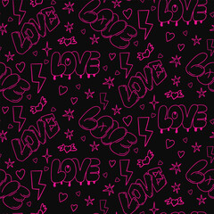 Vintage pattern with doodle word LOVE in 90s style on black background. Outline sketchy words and elements colored in neon pink color. Perfect for Valentines decoration, background