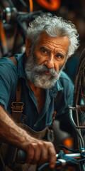 Obraz premium Älterer Mann arbeitet an einem Fahrrad