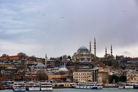 Istanbul, Turkey - January 09, 2024. Suleymaniye Mosque in Sultanahmet district, view from Galata Bridge, Mahalla Suleymaniye