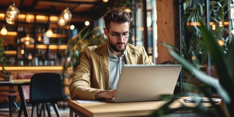 Trendy style businessman working at a laptop