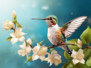 Bird sitting on flower tree branch AI Generate photo