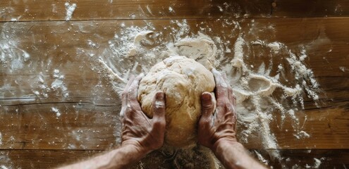 a person kneads a ball of dough on a wooden surface,
