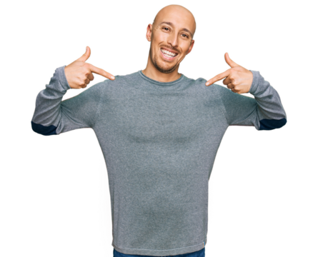 Bald man with beard wearing casual clothes looking confident with smile on face, pointing oneself with fingers proud and happy.