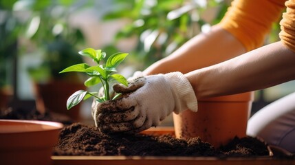 Close-up cultivation: A woman in gloves pours soil into a flower pot at home, embracing the joy of house gardening.