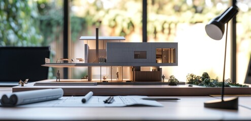 a set of house plans on a table with a model on the table
