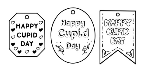 Set of doodle hand drawn Valentines greeting in frames. Vector isolated black contour frames for stickers, cards on white background. Floral and hearts decoration. St Valentines holiday concept.