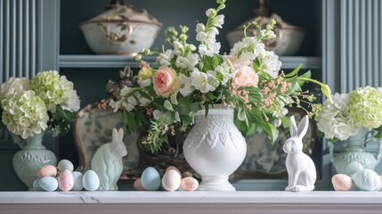 A fireplace mantel adorned with Easter-themed decor
