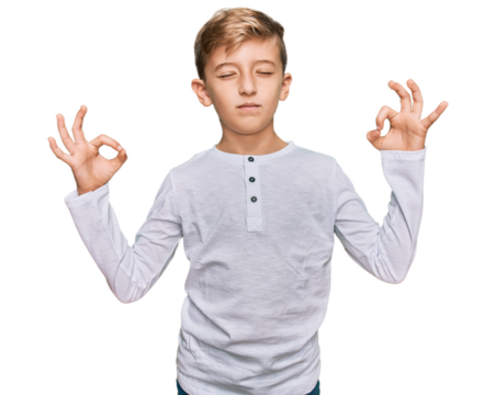 Little caucasian boy kid wearing casual clothes relax and smiling with eyes closed doing meditation gesture with fingers. yoga concept.