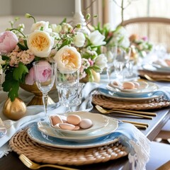 Elegant Easter Table Setting with Fresh Florals and Seasonal Centerpiece
