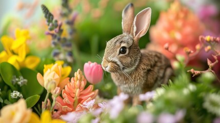 Adorable Rabbit Figurines Amidst Fresh Spring Flower Arrangements