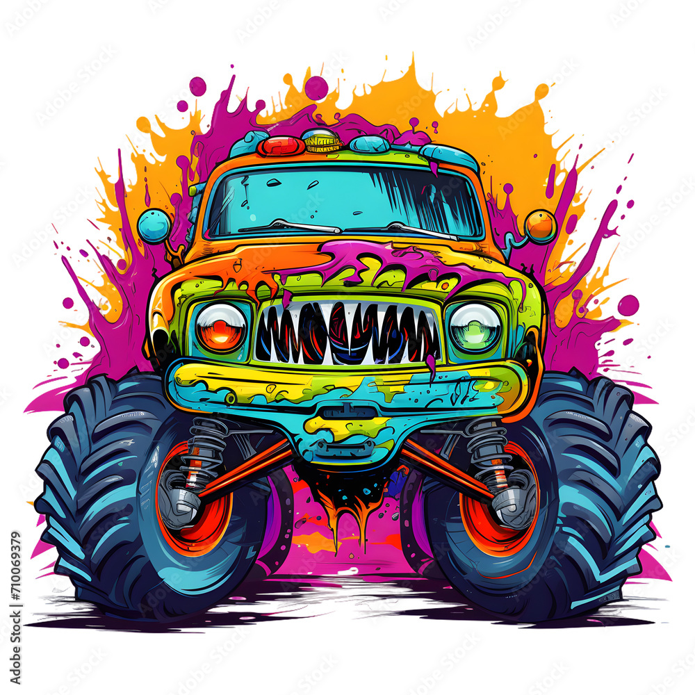 Wall mural a colorful monster truck, vibrant colors, t-shirt design, isolated on white