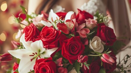 Bouquets of red roses, delicate lilies, and aromatic petals