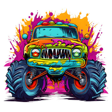 recommend clip art: a colorful monster truck, vibrant colors, t-shirt design, isolated on white