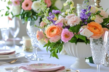 Elegant Easter Table Setting with Fresh Florals and Seasonal Centerpiece