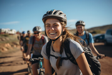 A joyful cycling excursion through scenic landscapes, reflecting the active and health-conscious choices embraced by the youth of today.