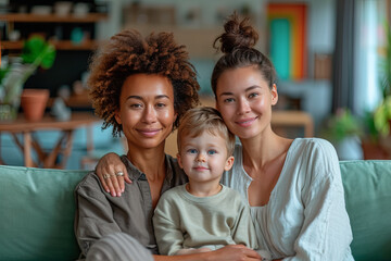 Fototapeta premium pareja multicultural de dos jovenes y hermosas mujeres lesbianas posando junto a su hijo, sentadas en el sofá del salón de su casa, sobre fondo desenfocado. concepto diversidad familiar, lgtb