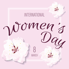 International Women's Day greeting card. Poster design with sakura flowers. Vector illustration