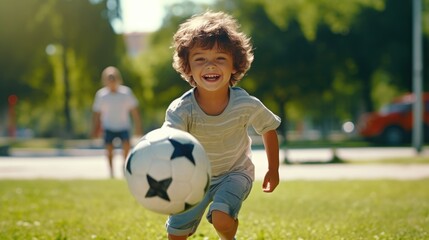 "Soccer joy in the sun: Happy little boy playing with a ball in the summer park.