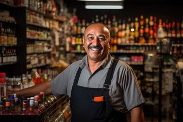 Fototapeta premium Smiling male bartender at a vintage liquor store