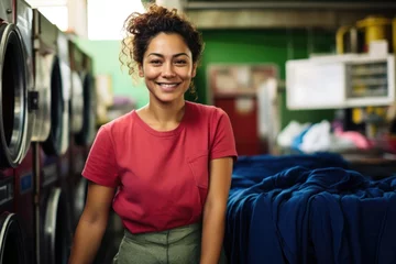 Poster Portrait of a happy female worker in laundry service with industrial washing machines © Baba Images