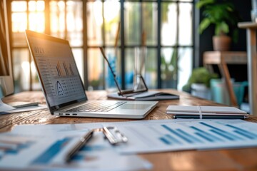 Analytics documents with chart data on desk with laptop - Powered by Adobe