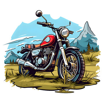 motorbike in the mountains, harley motorbike, vibrant colors, t-shirt design, isolated on white