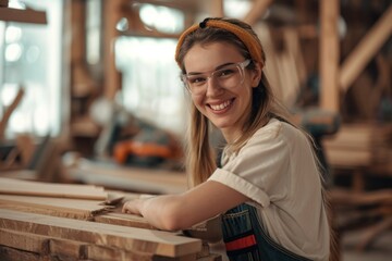 Smiling young woman working in carpentry shop