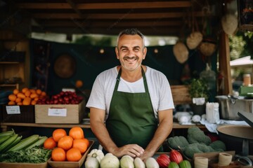 Fototapeta premium Happy Mature Male Vendor at a Fruit Stand with Fresh Produce