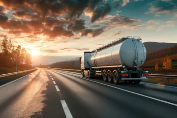 Fotobehang Semi Truck Transporting a Silver Tanker Trailer on a Highway © Baba Images