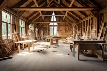Papier Peint photo Ancien avion Traditional woodworking shop in an old attic with vintage tools